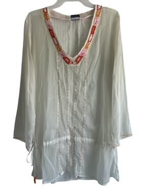 Zingara Size Large Silk Blend Sheer Beaded‎ Off White Tunic Cover Up